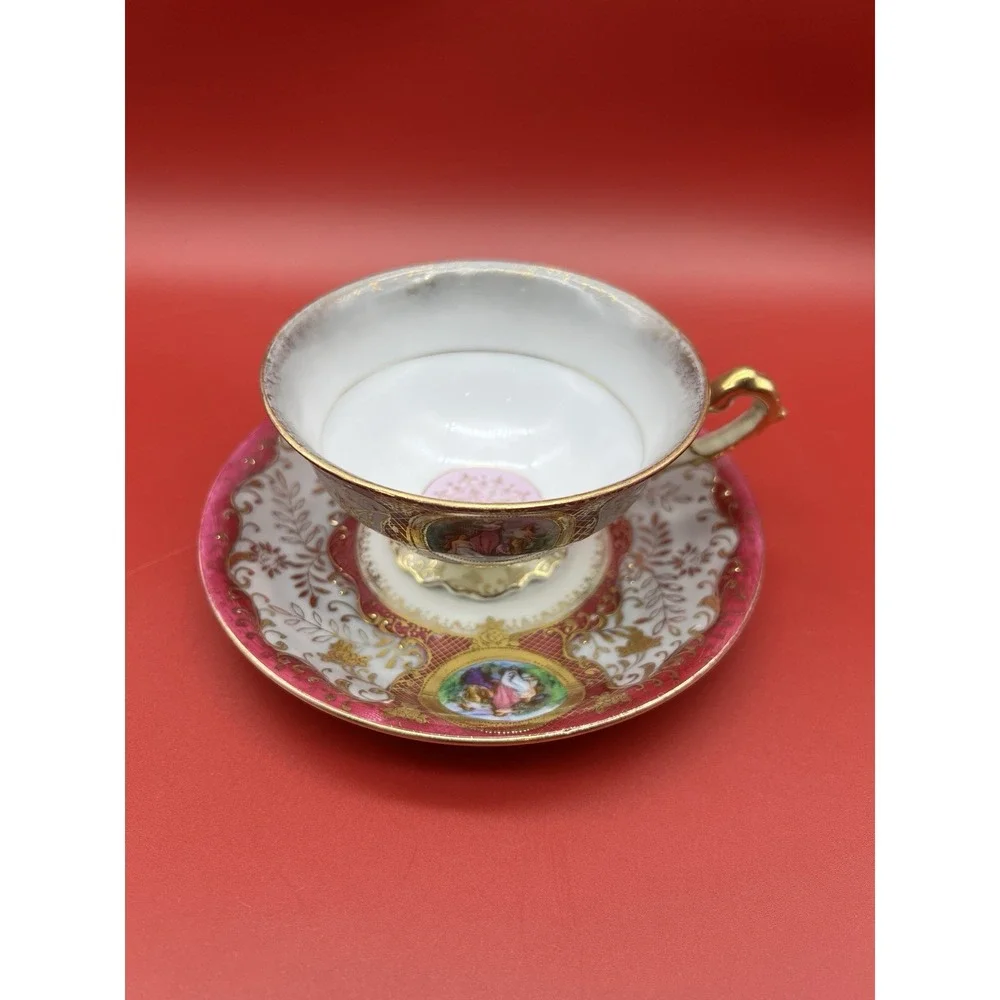 Hand Painted Chubu China Occupied Japan Porcelain Cup & Saucer Raised Gold Trim